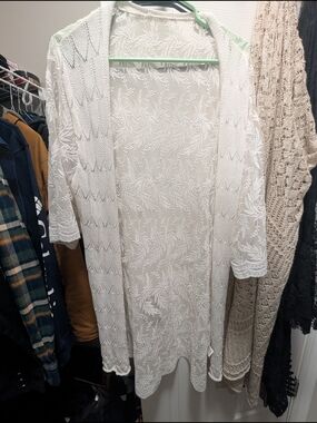 SHEIN Ivory Lace Open-Front Knit Cardigan